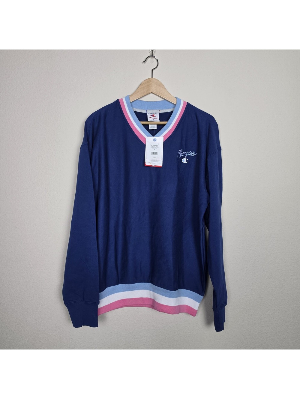 Champion Men's Club Sport Striped V-Neck French Terry Pullover S